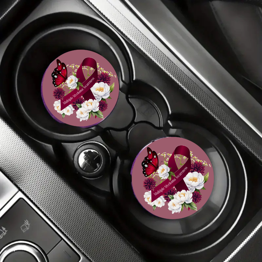 Myeloma Ribbon with Flowers Car Coaster